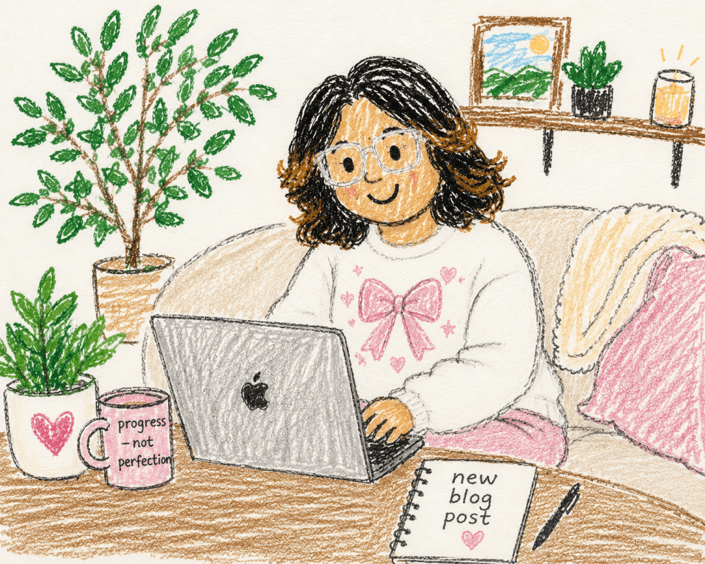 Hand-drawn picture of author writing a blog post on her laptop
